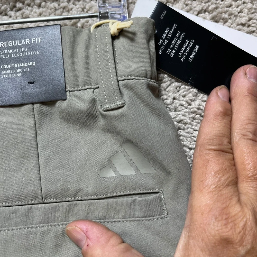 Adidas Nylon Chino Pants Mens 32x32 Olive Green Flat Front Golf 3 Stripes NEW